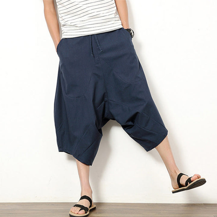 Pantalon large en coton et lin pour homme, avec poches, longueur 7-8, Buddha Stones , patchwork, simple et décontracté, avec cordon de serrage - image 4