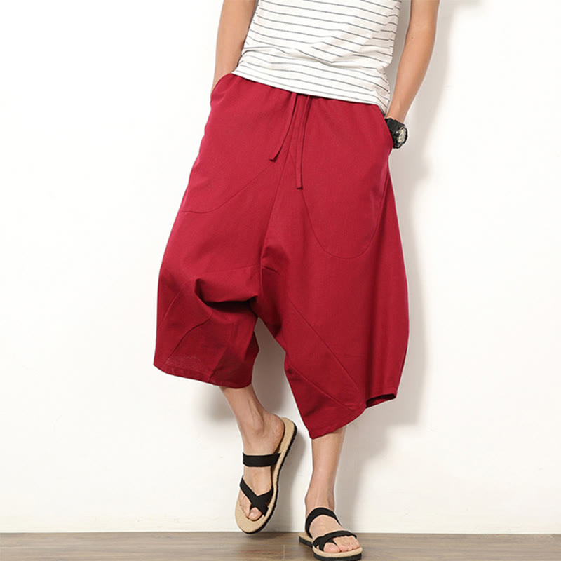 Pantalon large en coton et lin pour homme, avec poches, longueur 7-8, Buddha Stones , patchwork, simple et décontracté, avec cordon de serrage - Cramoisi - US/UK/AU46，EU56 (5XL) - image 11