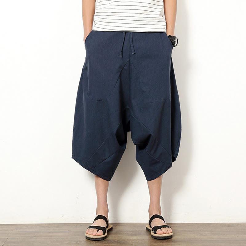 Pantalon large en coton et lin pour homme, avec poches, longueur 7-8, Buddha Stones , patchwork, simple et décontracté, avec cordon de serrage - Bleu ardoise foncé - US/UK/AU46，EU56 (5XL) - image 0