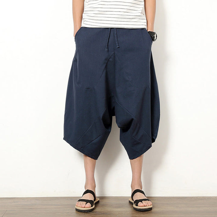 Pantalon large en coton et lin pour homme, avec poches, longueur 7-8, Buddha Stones , patchwork, simple et décontracté, avec cordon de serrage - Bleu ardoise foncé - US/UK/AU46，EU56 (5XL) - image 0