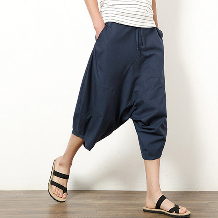 Pantalon large en coton et lin pour homme, avec poches, longueur 7-8, Buddha Stones , patchwork, simple et décontracté, avec cordon de serrage - image 3