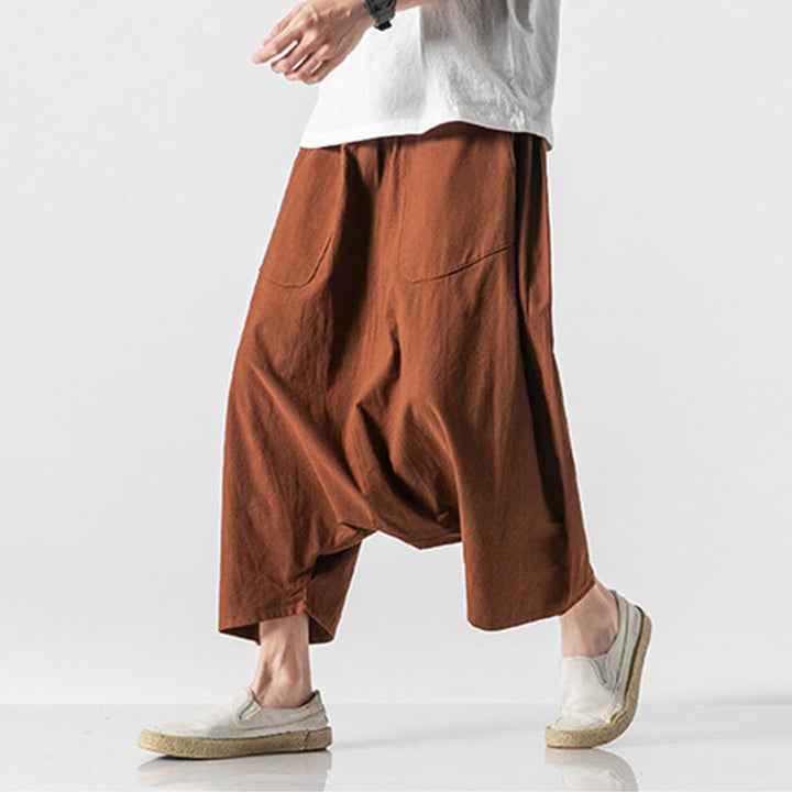 Pantalon décontracté à entrejambe bas et cordon de serrage pour homme , coupe ample, en coton et lin, avec poches, longueur 7-8 - image 11
