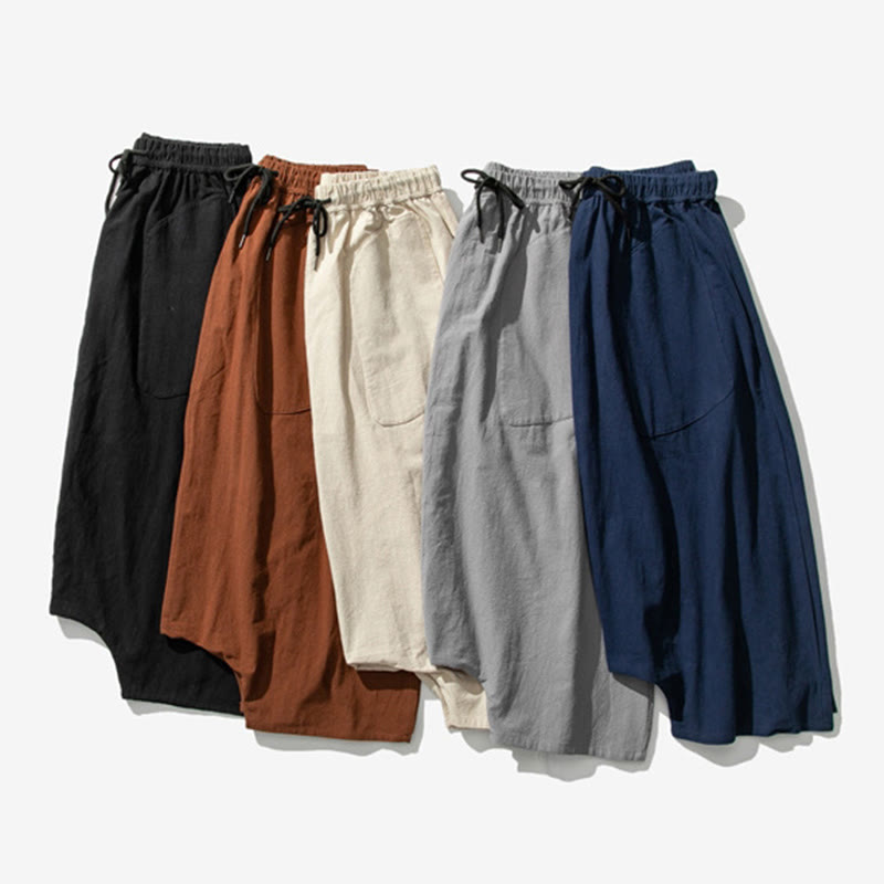 Pantalon décontracté à entrejambe bas et cordon de serrage pour homme , coupe ample, en coton et lin, avec poches, longueur 7-8 - image 43