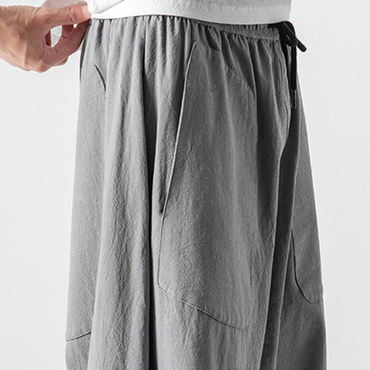 Pantalon décontracté à entrejambe bas et cordon de serrage pour homme , coupe ample, en coton et lin, avec poches, longueur 7-8 - image 27