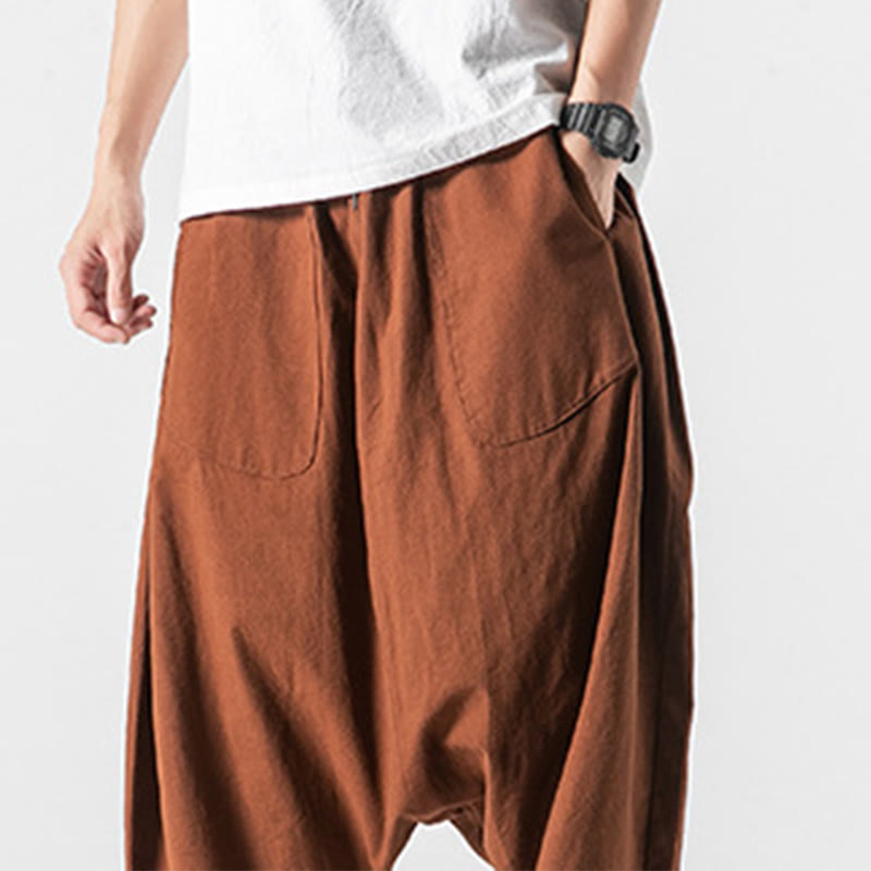 Pantalon décontracté à entrejambe bas et cordon de serrage pour homme , coupe ample, en coton et lin, avec poches, longueur 7-8 - image 17