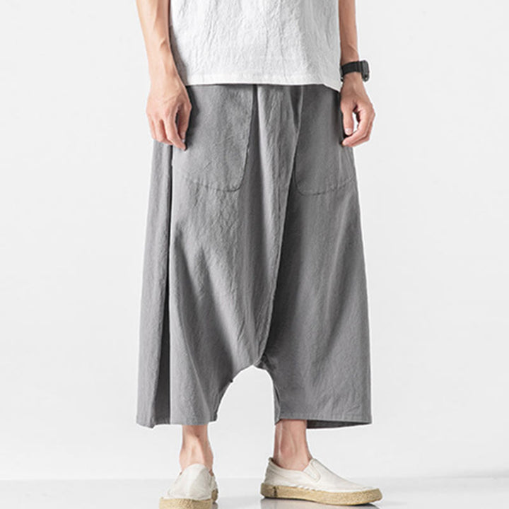 Pantalon décontracté à entrejambe bas et cordon de serrage pour homme , coupe ample, en coton et lin, avec poches, longueur 7-8 - image 25