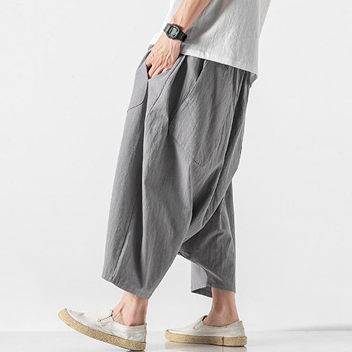 Pantalon décontracté à entrejambe bas et cordon de serrage pour homme , coupe ample, en coton et lin, avec poches, longueur 7-8 - image 19