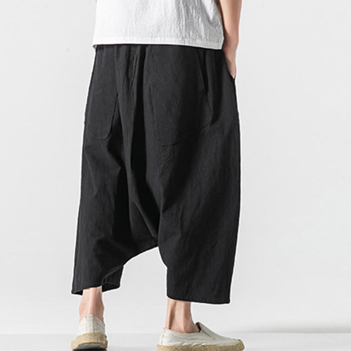 Pantalon décontracté à entrejambe bas et cordon de serrage pour homme , coupe ample, en coton et lin, avec poches, longueur 7-8 - image 31