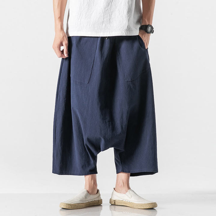 Pantalon décontracté à entrejambe bas et cordon de serrage pour homme , coupe ample, en coton et lin, avec poches, longueur 7-8 - image 1