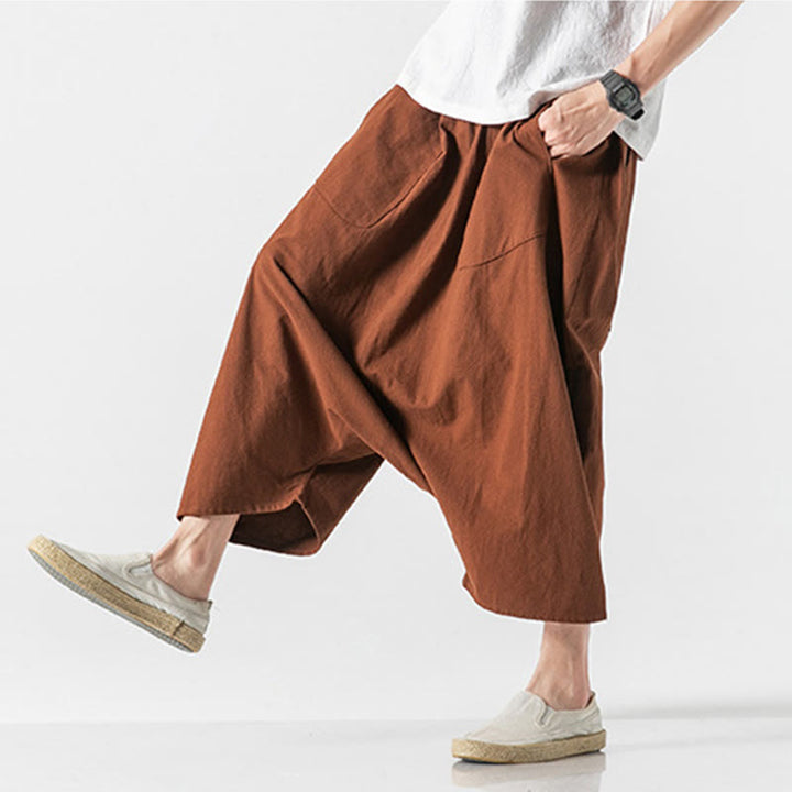 Pantalon décontracté à entrejambe bas et cordon de serrage pour homme , coupe ample, en coton et lin, avec poches, longueur 7-8 - image 15