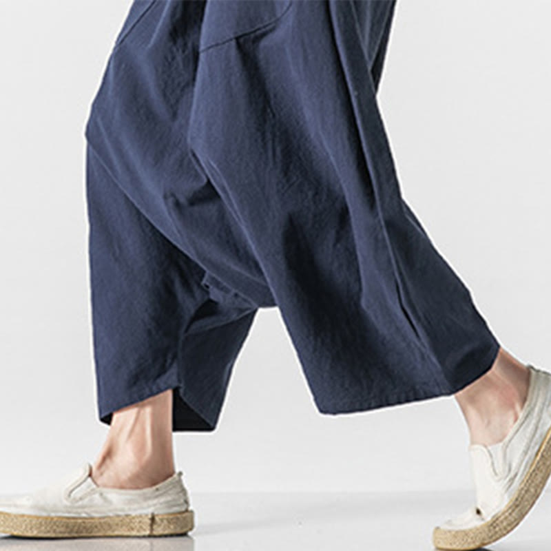 Pantalon décontracté à entrejambe bas et cordon de serrage pour homme , coupe ample, en coton et lin, avec poches, longueur 7-8 - image 8
