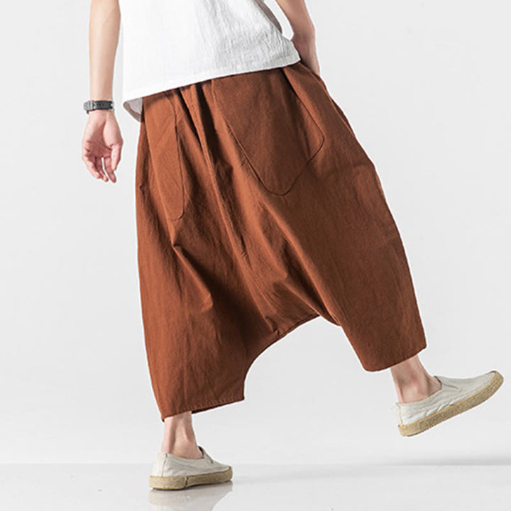 Pantalon décontracté à entrejambe bas et cordon de serrage pour homme , coupe ample, en coton et lin, avec poches, longueur 7-8 - image 16