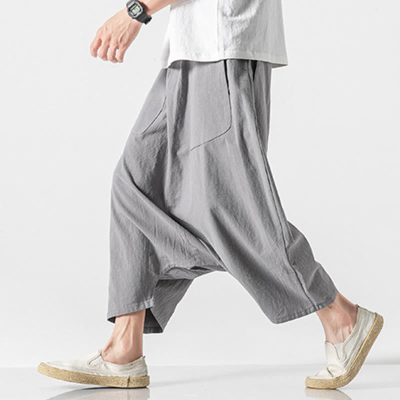 Pantalon décontracté à entrejambe bas et cordon de serrage pour homme , coupe ample, en coton et lin, avec poches, longueur 7-8 - image 22