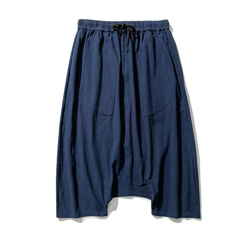 Pantalon décontracté à entrejambe bas et cordon de serrage pour homme , coupe ample, en coton et lin, avec poches, longueur 7-8 - image 9