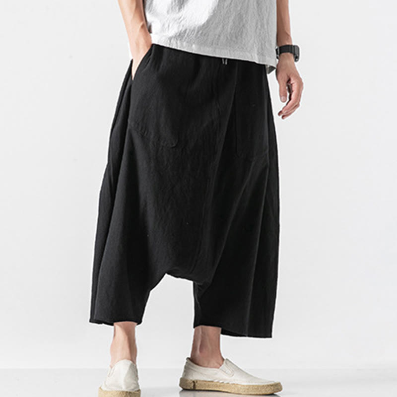 Pantalon décontracté à entrejambe bas et cordon de serrage pour homme , coupe ample, en coton et lin, avec poches, longueur 7-8 - image 34