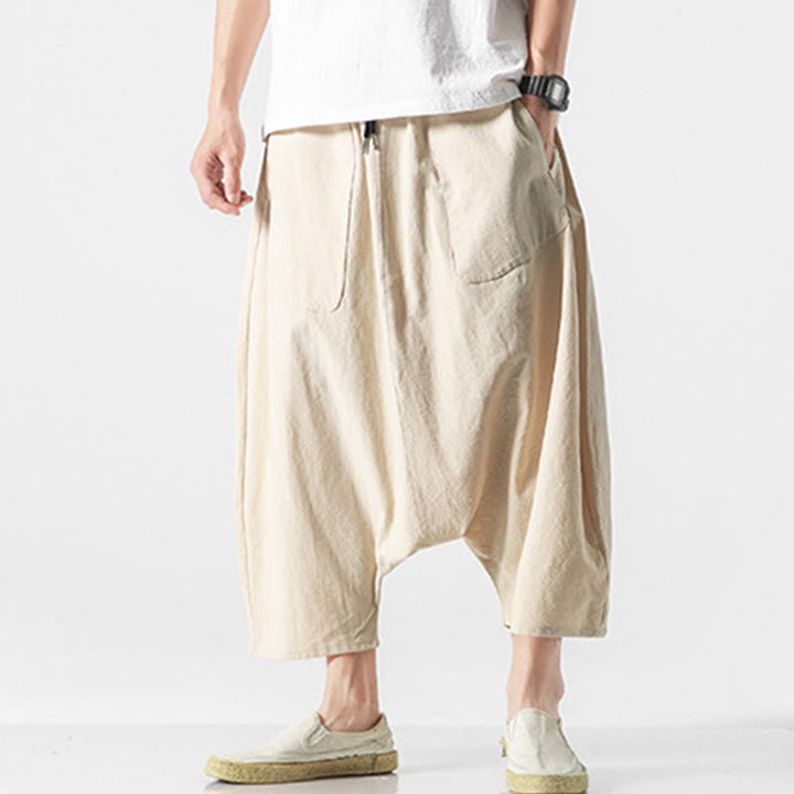 Pantalon décontracté à entrejambe bas et cordon de serrage pour homme , coupe ample, en coton et lin, avec poches, longueur 7-8 - image 38