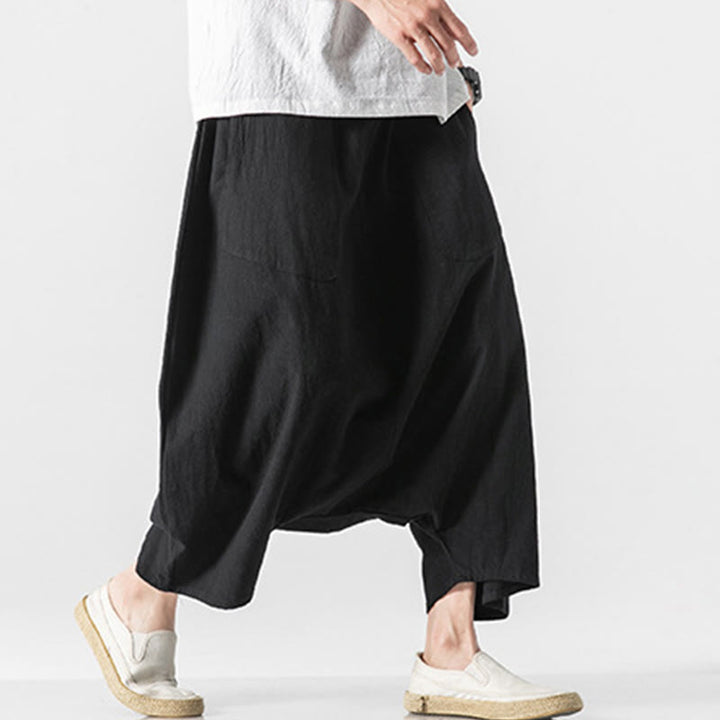 Pantalon décontracté à entrejambe bas et cordon de serrage pour homme , coupe ample, en coton et lin, avec poches, longueur 7-8 - image 32