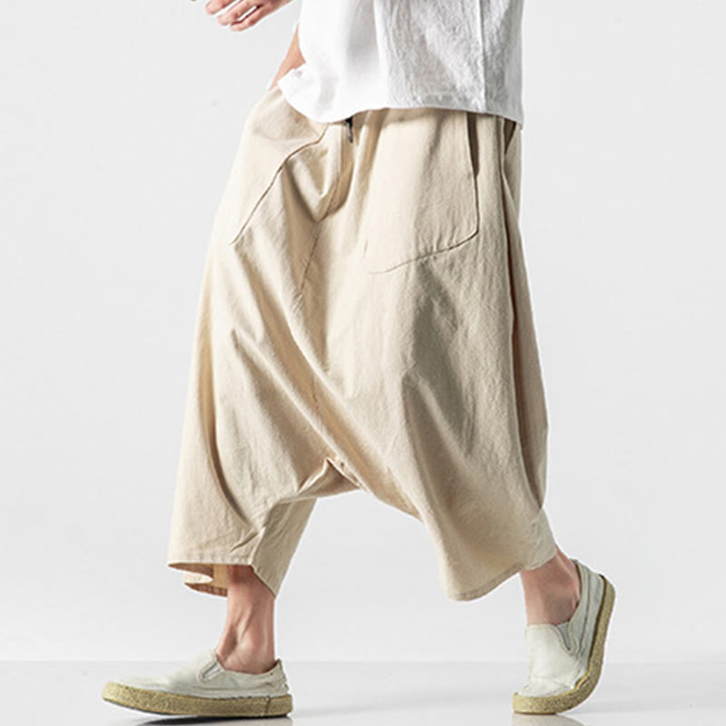 Pantalon décontracté à entrejambe bas et cordon de serrage pour homme , coupe ample, en coton et lin, avec poches, longueur 7-8 - image 40
