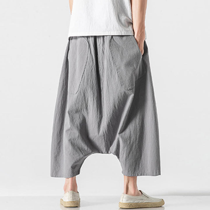 Pantalon décontracté à entrejambe bas et cordon de serrage pour homme , coupe ample, en coton et lin, avec poches, longueur 7-8 - image 24