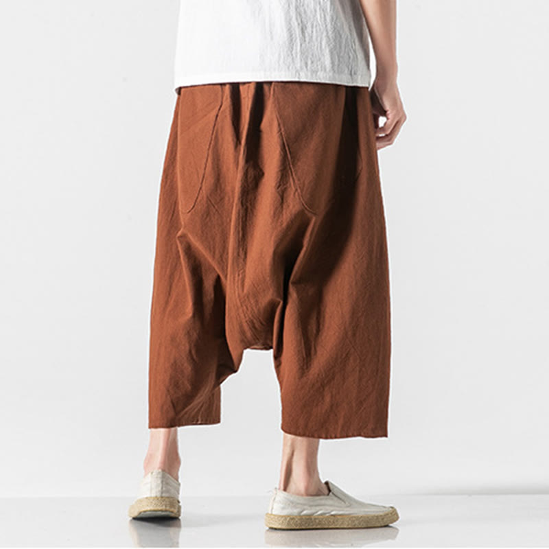 Pantalon décontracté à entrejambe bas et cordon de serrage pour homme , coupe ample, en coton et lin, avec poches, longueur 7-8 - image 12