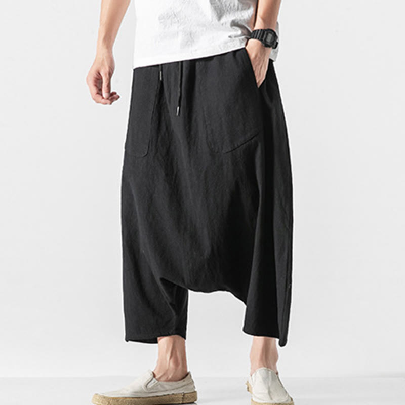 Pantalon décontracté à entrejambe bas et cordon de serrage pour homme , coupe ample, en coton et lin, avec poches, longueur 7-8 - image 33
