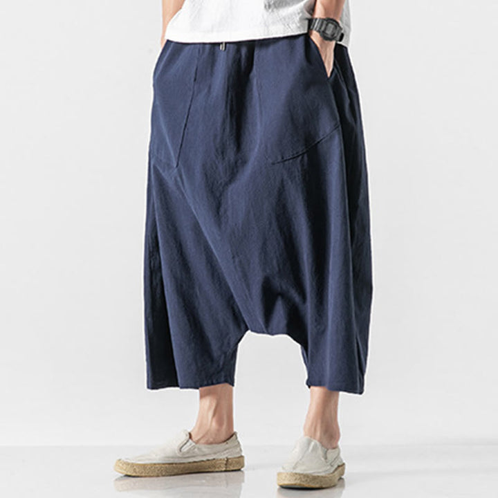 Pantalon décontracté à entrejambe bas et cordon de serrage pour homme , coupe ample, en coton et lin, avec poches, longueur 7-8 - image 3