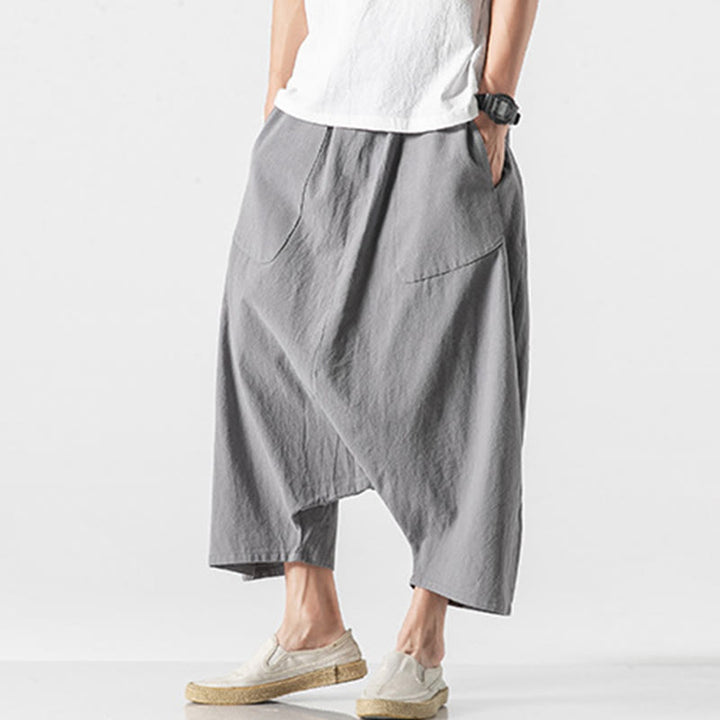Pantalon décontracté à entrejambe bas et cordon de serrage pour homme , coupe ample, en coton et lin, avec poches, longueur 7-8 - image 20
