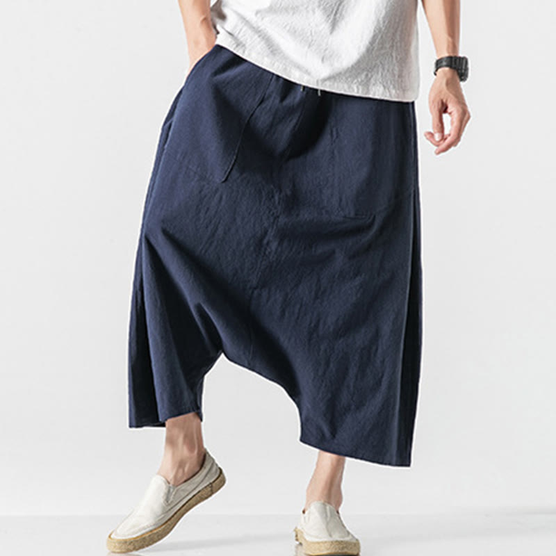 Pantalon décontracté à entrejambe bas et cordon de serrage pour homme , coupe ample, en coton et lin, avec poches, longueur 7-8 - image 7