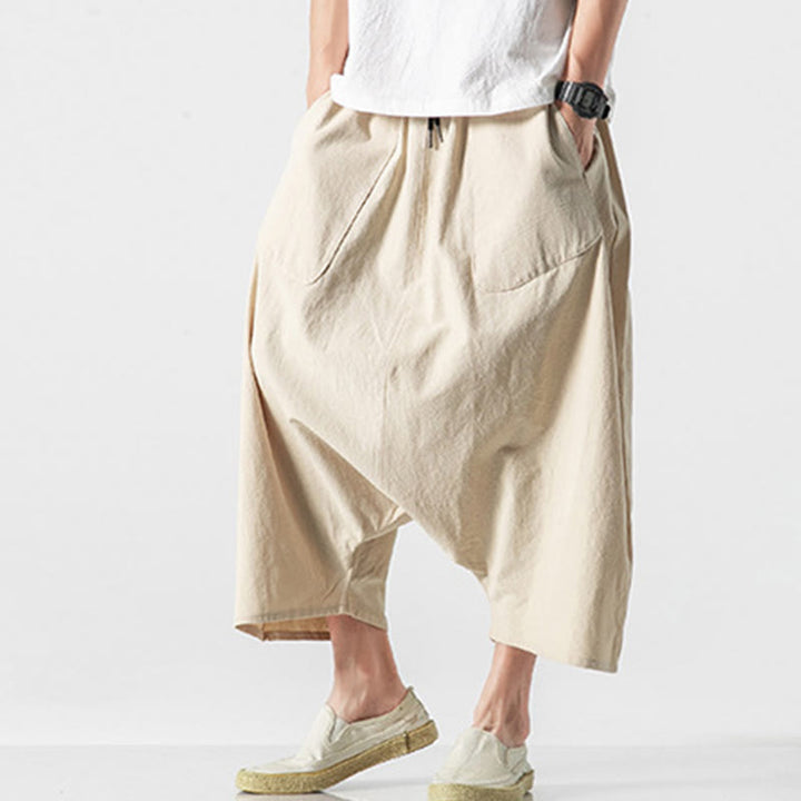 Pantalon décontracté à entrejambe bas et cordon de serrage pour homme , coupe ample, en coton et lin, avec poches, longueur 7-8 - image 37