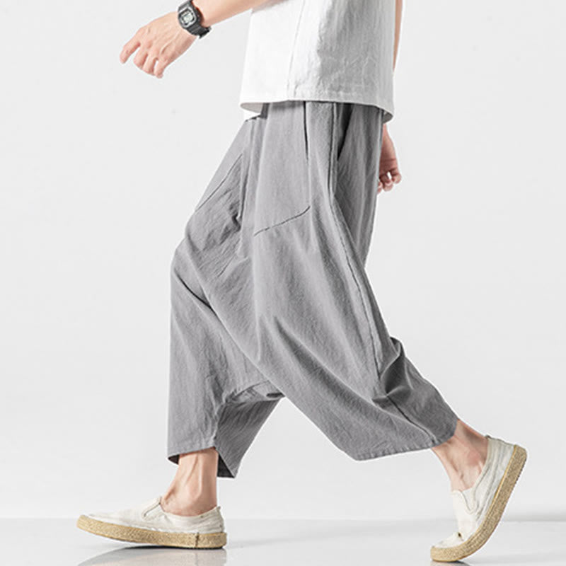 Pantalon décontracté à entrejambe bas et cordon de serrage pour homme , coupe ample, en coton et lin, avec poches, longueur 7-8 - image 23