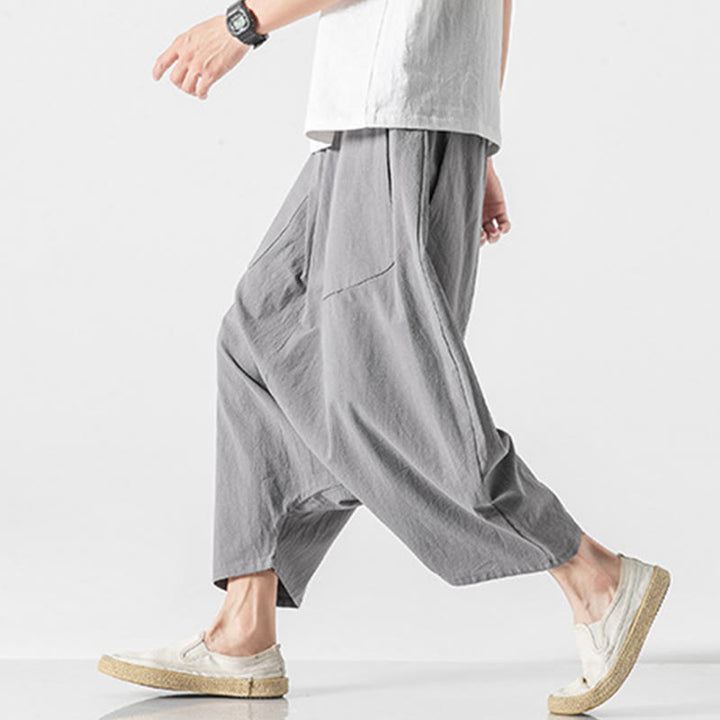 Pantalon décontracté à entrejambe bas et cordon de serrage pour homme , coupe ample, en coton et lin, avec poches, longueur 7-8 - image 23