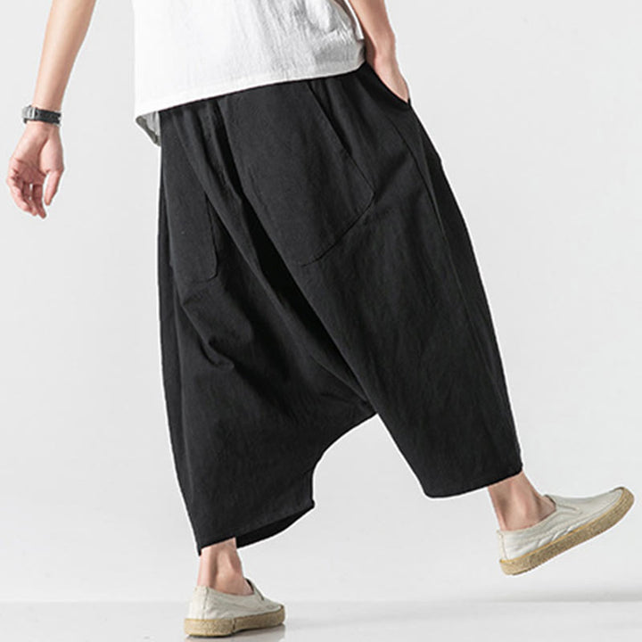 Pantalon décontracté à entrejambe bas et cordon de serrage pour homme , coupe ample, en coton et lin, avec poches, longueur 7-8 - image 35