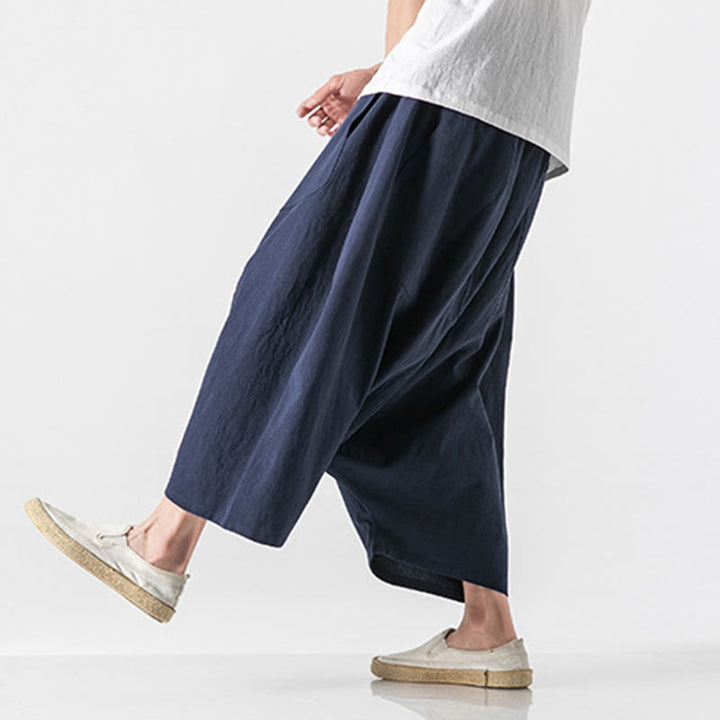 Pantalon décontracté à entrejambe bas et cordon de serrage pour homme , coupe ample, en coton et lin, avec poches, longueur 7-8 - Bleu ardoise foncé - US/UK/AU46，EU56 (5XL) - image 0