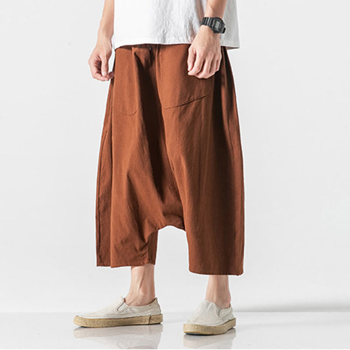 Pantalon décontracté à entrejambe bas et cordon de serrage pour homme , coupe ample, en coton et lin, avec poches, longueur 7-8 - image 13