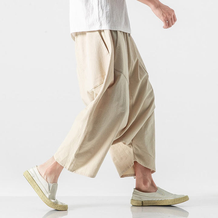 Pantalon décontracté à entrejambe bas et cordon de serrage pour homme , coupe ample, en coton et lin, avec poches, longueur 7-8 - image 42