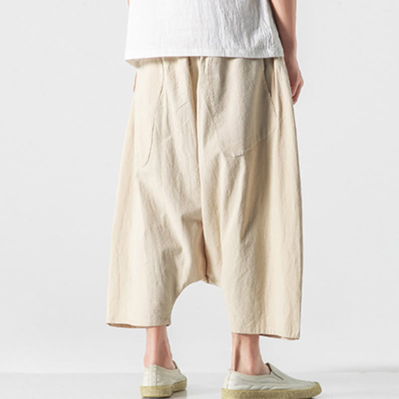 Pantalon décontracté à entrejambe bas et cordon de serrage pour homme , coupe ample, en coton et lin, avec poches, longueur 7-8 - image 39