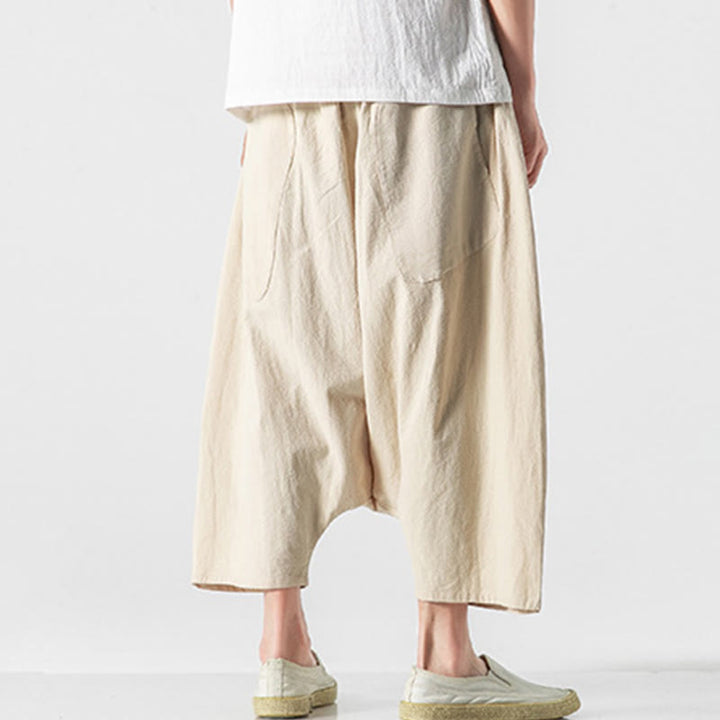 Pantalon décontracté à entrejambe bas et cordon de serrage pour homme , coupe ample, en coton et lin, avec poches, longueur 7-8 - image 39