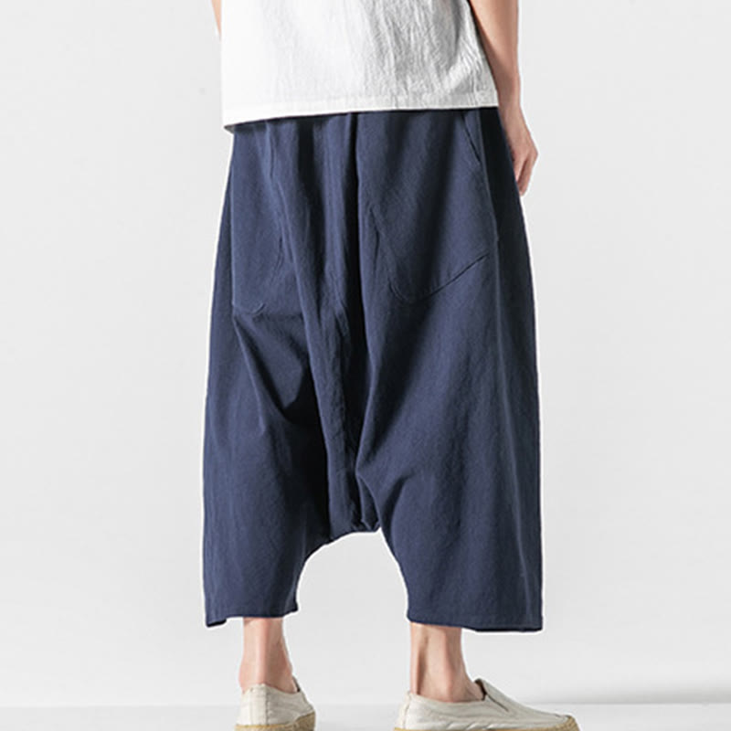 Pantalon décontracté à entrejambe bas et cordon de serrage pour homme , coupe ample, en coton et lin, avec poches, longueur 7-8 - image 4