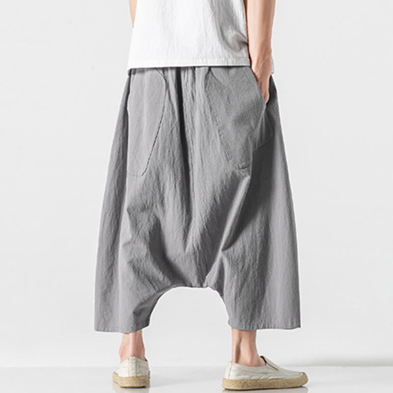Pantalon décontracté à entrejambe bas et cordon de serrage pour homme , coupe ample, en coton et lin, avec poches, longueur 7-8 - image 24