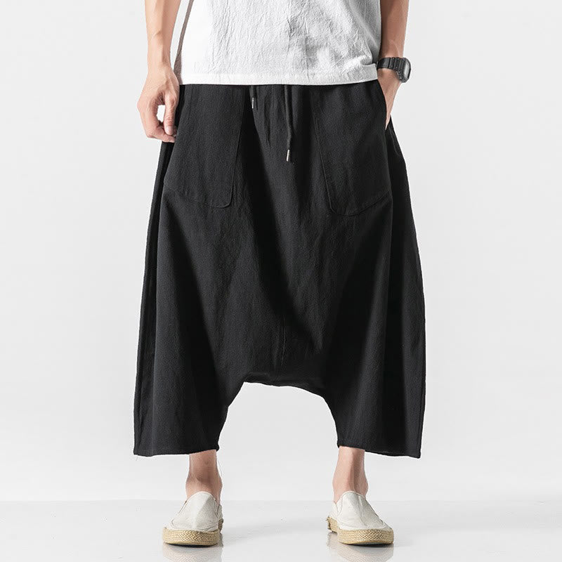 Pantalon décontracté à entrejambe bas et cordon de serrage pour homme , coupe ample, en coton et lin, avec poches, longueur 7-8 - Noir - US/UK/AU46，EU56 (5XL) - image 29