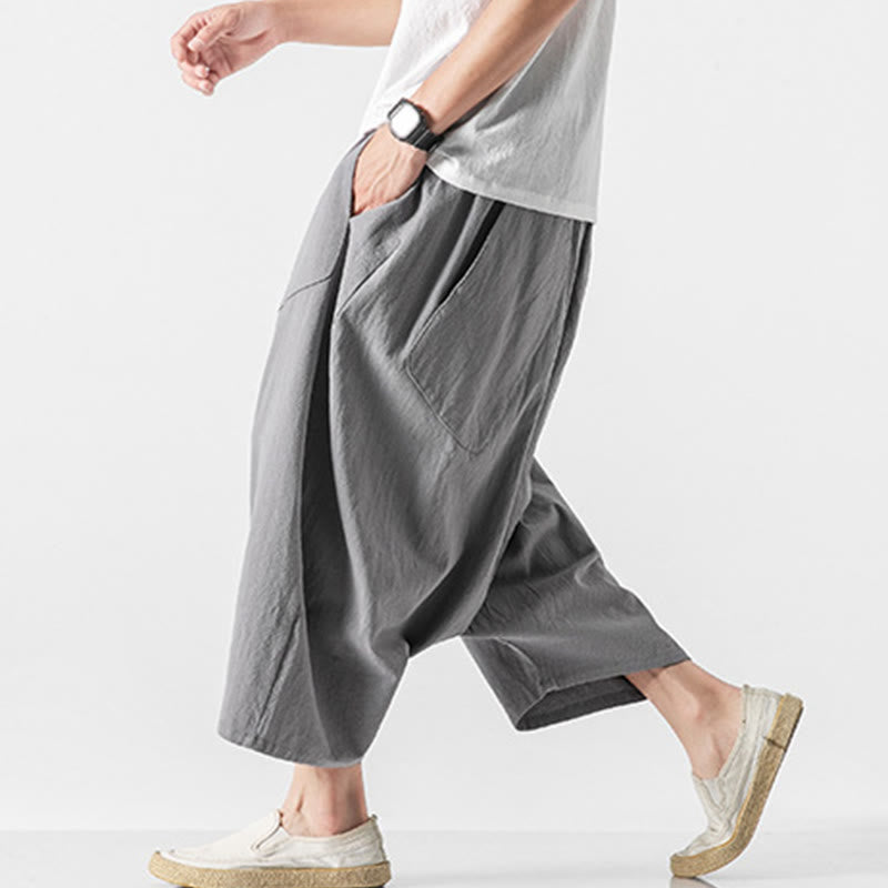 Pantalon décontracté à entrejambe bas et cordon de serrage pour homme , coupe ample, en coton et lin, avec poches, longueur 7-8 - image 21