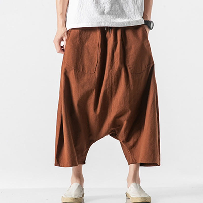 Pantalon décontracté à entrejambe bas et cordon de serrage pour homme , coupe ample, en coton et lin, avec poches, longueur 7-8 - Chocolat - US/UK/AU46，EU56 (5XL) - image 10