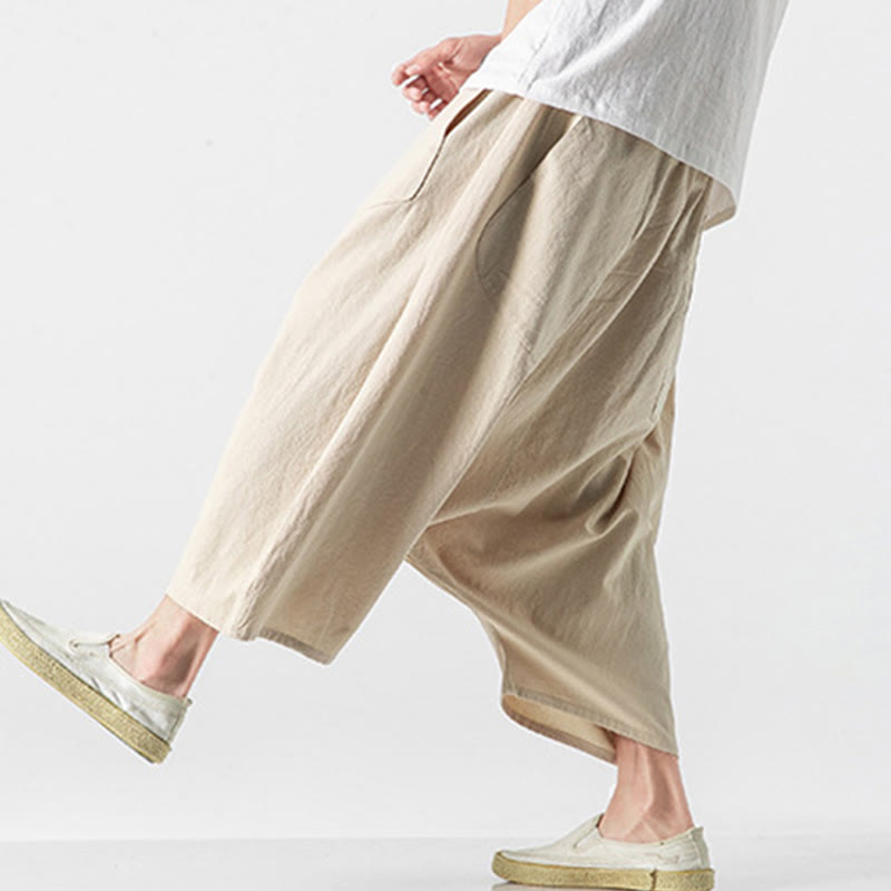 Pantalon décontracté à entrejambe bas et cordon de serrage pour homme , coupe ample, en coton et lin, avec poches, longueur 7-8 - image 41
