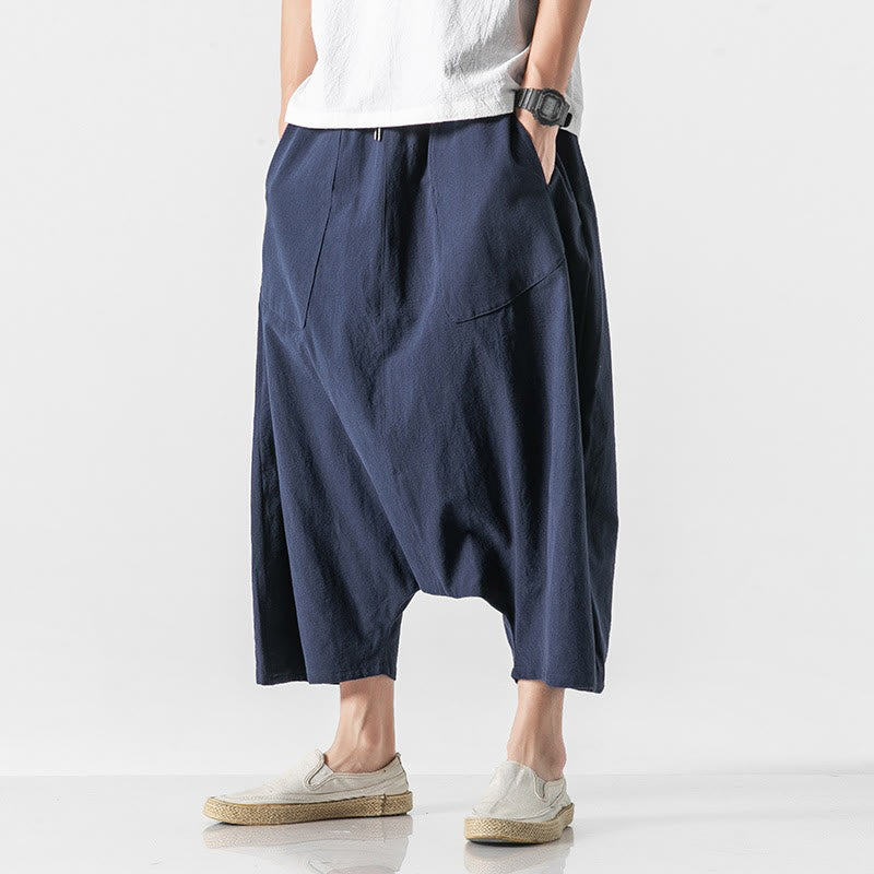 Pantalon décontracté à entrejambe bas et cordon de serrage pour homme , coupe ample, en coton et lin, avec poches, longueur 7-8 - image 5