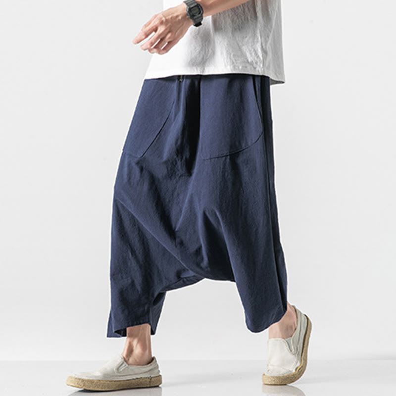 Pantalon décontracté à entrejambe bas et cordon de serrage pour homme , coupe ample, en coton et lin, avec poches, longueur 7-8 - image 6