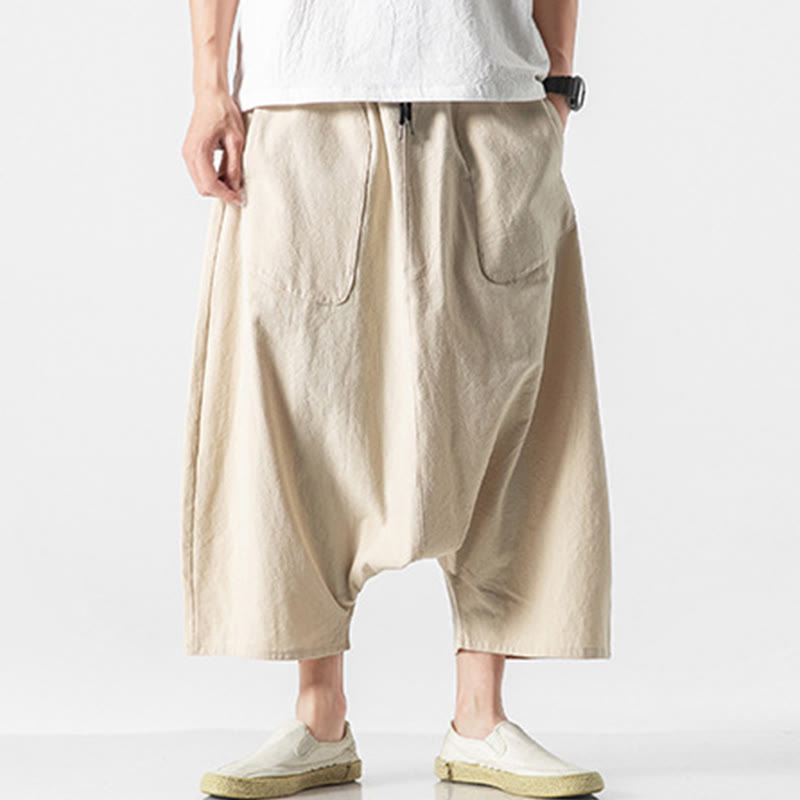 Pantalon décontracté à entrejambe bas et cordon de serrage pour homme , coupe ample, en coton et lin, avec poches, longueur 7-8 - Beige - US/UK/AU46，EU56 (5XL) - image 36