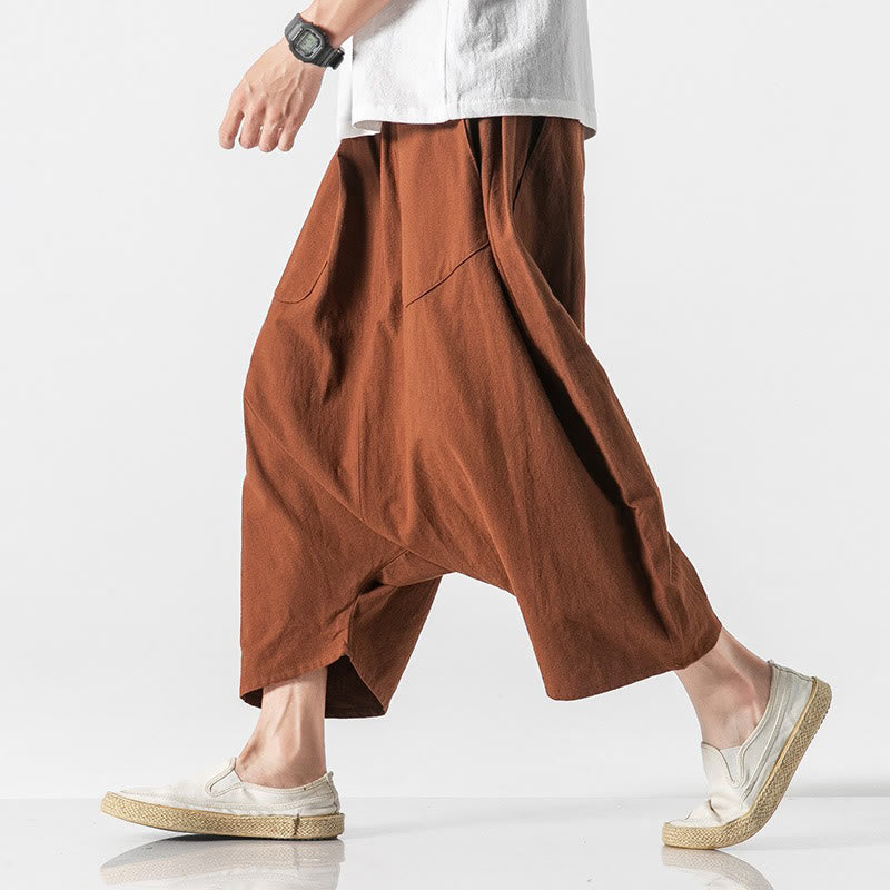 Pantalon décontracté à entrejambe bas et cordon de serrage pour homme , coupe ample, en coton et lin, avec poches, longueur 7-8 - image 14