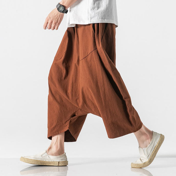 Pantalon décontracté à entrejambe bas et cordon de serrage pour homme , coupe ample, en coton et lin, avec poches, longueur 7-8 - image 14