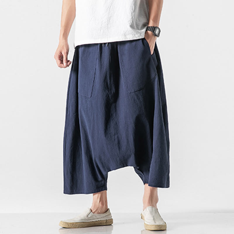 Pantalon décontracté à entrejambe bas et cordon de serrage pour homme , coupe ample, en coton et lin, avec poches, longueur 7-8 - image 2