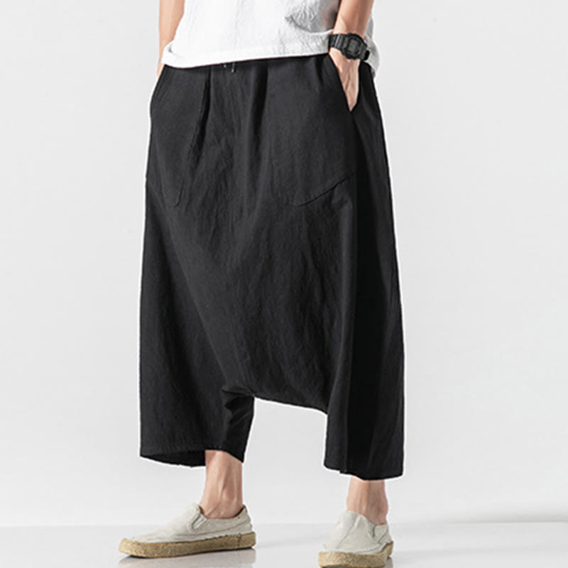 Pantalon décontracté à entrejambe bas et cordon de serrage pour homme , coupe ample, en coton et lin, avec poches, longueur 7-8 - image 30